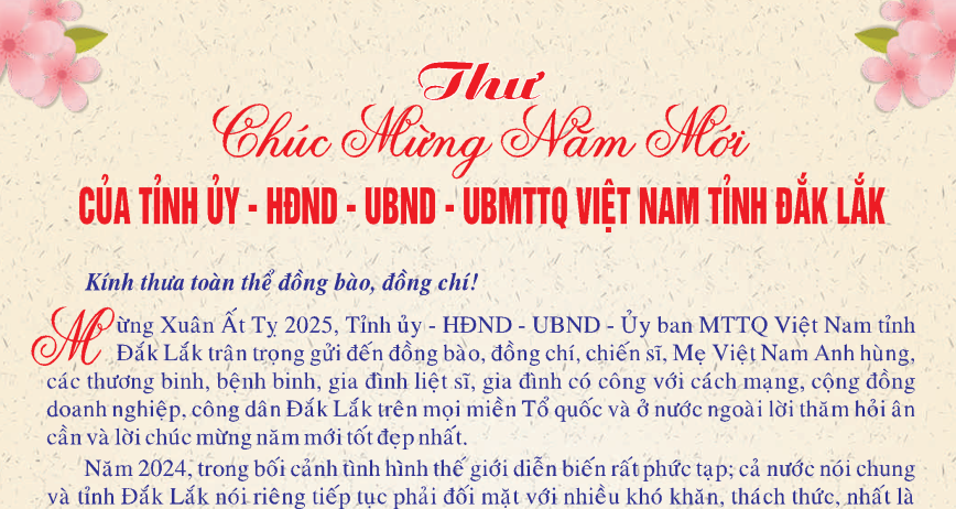 Thư chúc mừng năm mới của Tỉnh ủy - Hội đồng nhân dân - Ủy ban nhân dân - Ủy ban Mặt trận Tổ quốc Việt Nam tỉnh Đắk Lắk